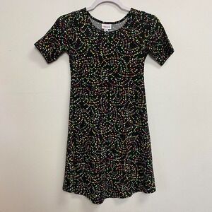 LulaRoe Kids Girls Sz 10 Black Short Sleeve Multicolor Dot Print Aline Dress